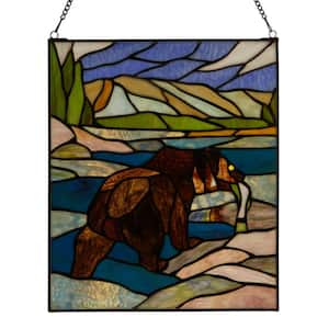 Fishing Bear Brown/Amber Rectangular Stained Glass Window Panel