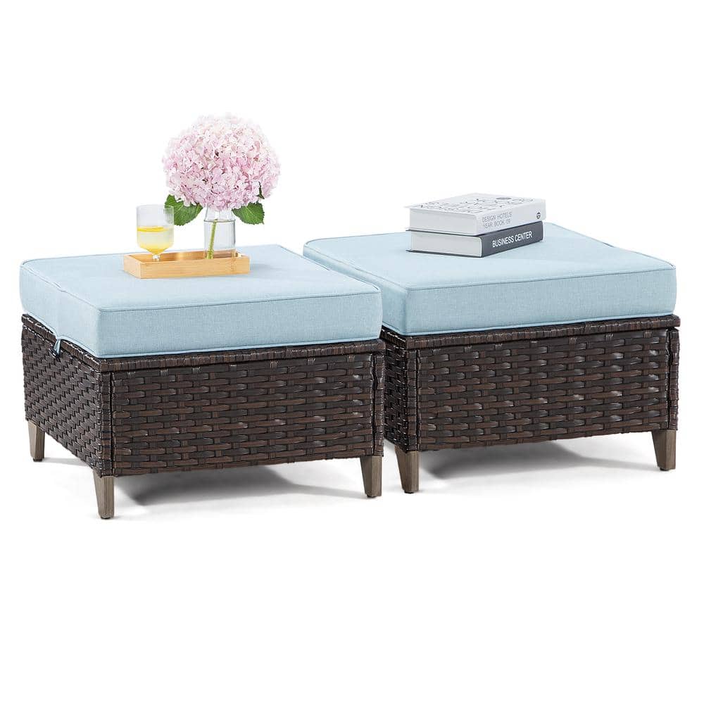 All Weather Brown Wicker Outdoor Ottoman with Removable Light Blue Cushion 