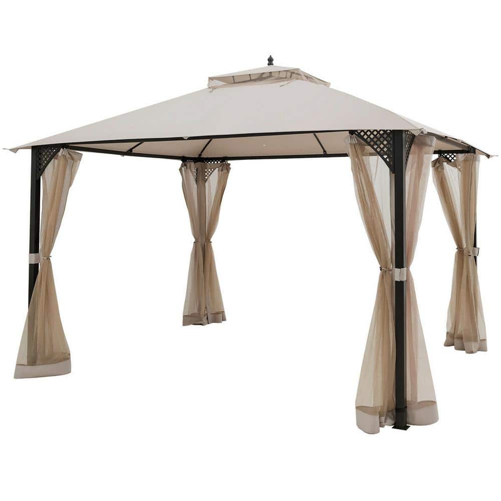 12 ft. x 10 ft. Beige Patio Gazebo Outdoor Canopy Shelter with Double Top a