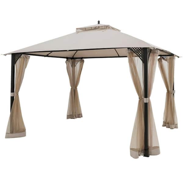 12 ft. x 10 ft. Beige Patio Gazebo Outdoor Canopy Shelter with Double Top and Netting