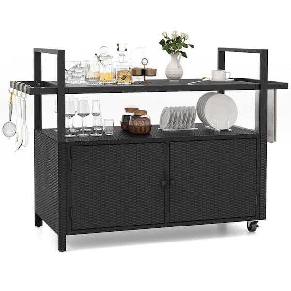 Black Outdoor Bar Cart Wicker Buffet Kitchen Cart with Cabinet and 8-Hooks