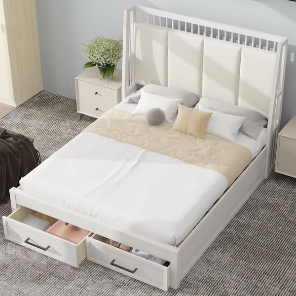 Harper & Bright Designs Antique White Wood Frame Queen Size Linen Upholstered Platform Bed with 2-Drawer