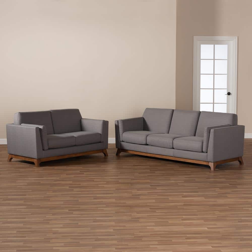 Sava Mid-Century Modern Grey Fabric Walnut Wood 2-Piece Sofa Set