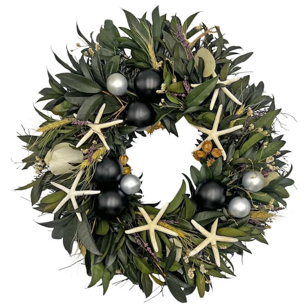 castellousa Green 20 in. Non-Artificial Real Dried Preserved Decorative Wheat Mixed Wreath w/ Ornaments