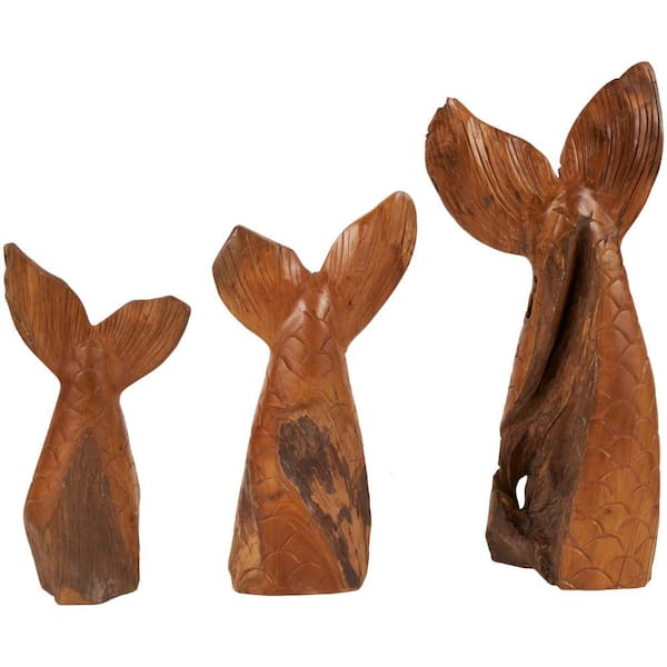 Litton Lane Brown Teak Wood Handmade Tail Live Edge Whale Sculpture with Intricate Carvings Set of 3