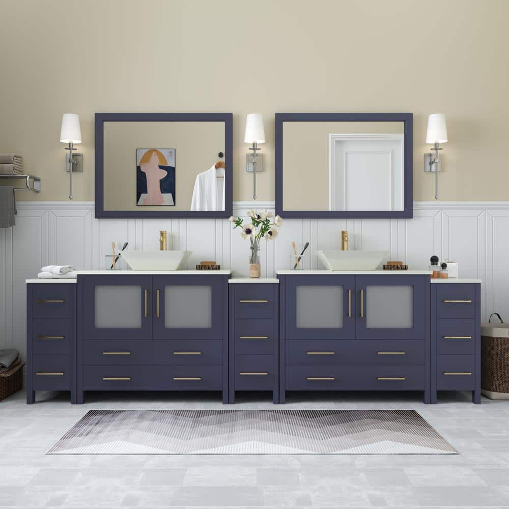 Ravenna 108 in. W Double Basin Bathroom Vanity in Blue with White Engineered Marble Top and Mirror price history on PriceWatchPro