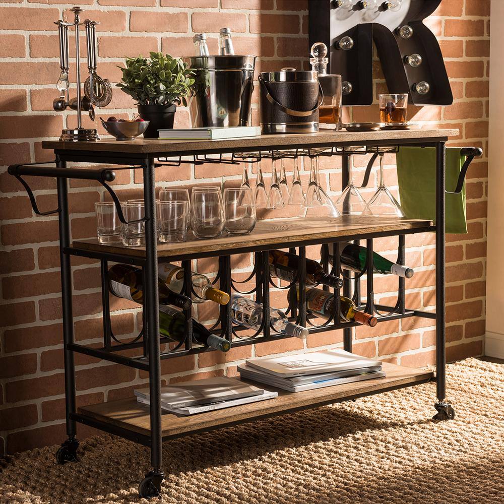 Antique Black & Weathered Oak Mobile Bar Cart with Wine Rack and Storage