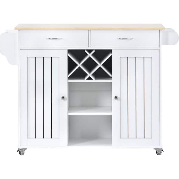Unbranded White MDF Wood 48 in. W Kitchen Island with Two Storage Cabinets and Four Locking Wheels
