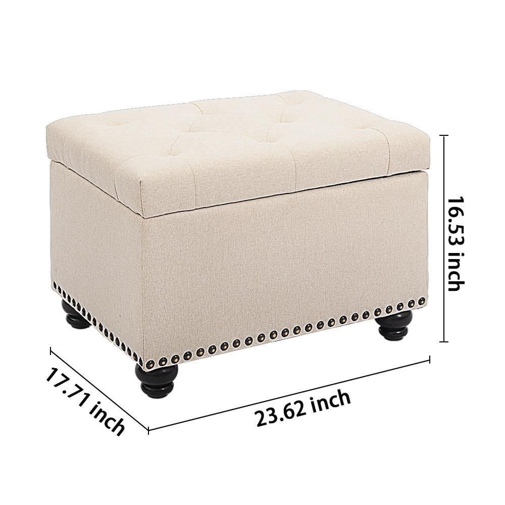 Beige Linen Tufted Storage Ottoman Bench with Wood Legs