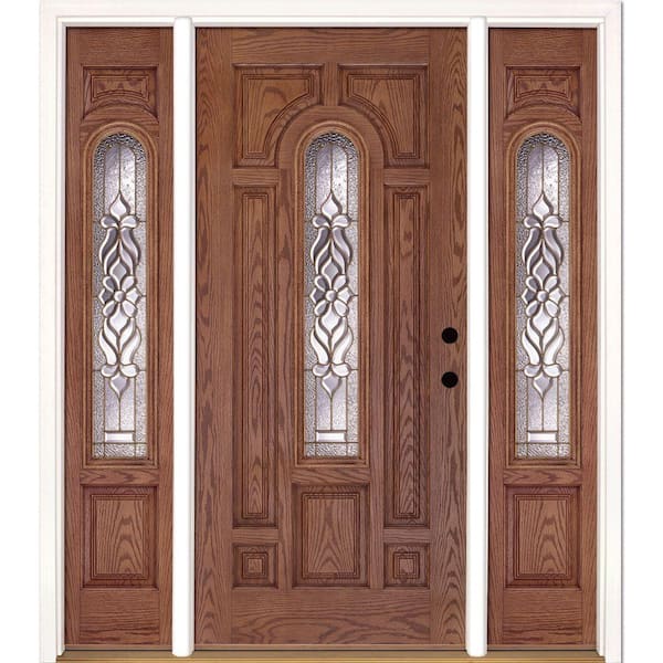 Feather River Doors 63.5 in.x81.625in.Lakewood Brass Center Arch Lt Stained Medium Oak Left-Hand Fiberglass Prehung Front Door w/Sidelites