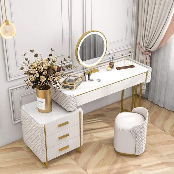 FORCLOVER White Modern Luxury Makeup Vanity Table w/LED Mirror Sintered Stone Top 5-Drawers Stool (30.7 in. x 31.5 x 18 in.) MONMUCF-S2VT01 - The Home Depot
