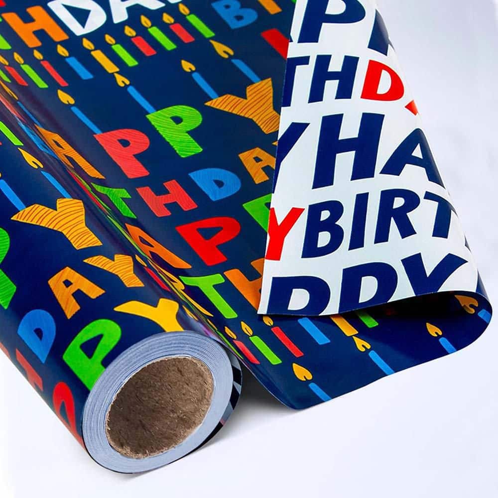 Reversible Birthday Wrapping Paper Roll 396 x 1.47 x 1.47 in. Colorful Birthday Lettering Candle Navy Blue Gift Wrap price history on PriceWatchPro