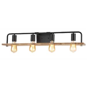 Eco Loft 34 in. 4-Light Matte Black Vanity Light Bar with Natural Wood Shade