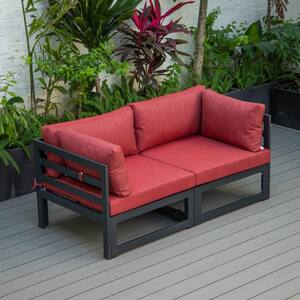 Chelsea Modern Black 2-Piece Aluminum Outdoor Patio Sectional Loveseat with Red Cushions