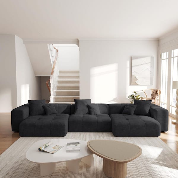 144 in. Oversized Square Arm Linen Rectangle Modular Sectional Sofa 3-Seater in Black
