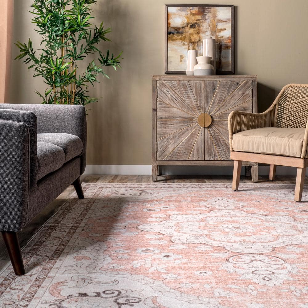 Peach Floral Medallion 8' x 10' Easy-Care Synthetic Area Rug