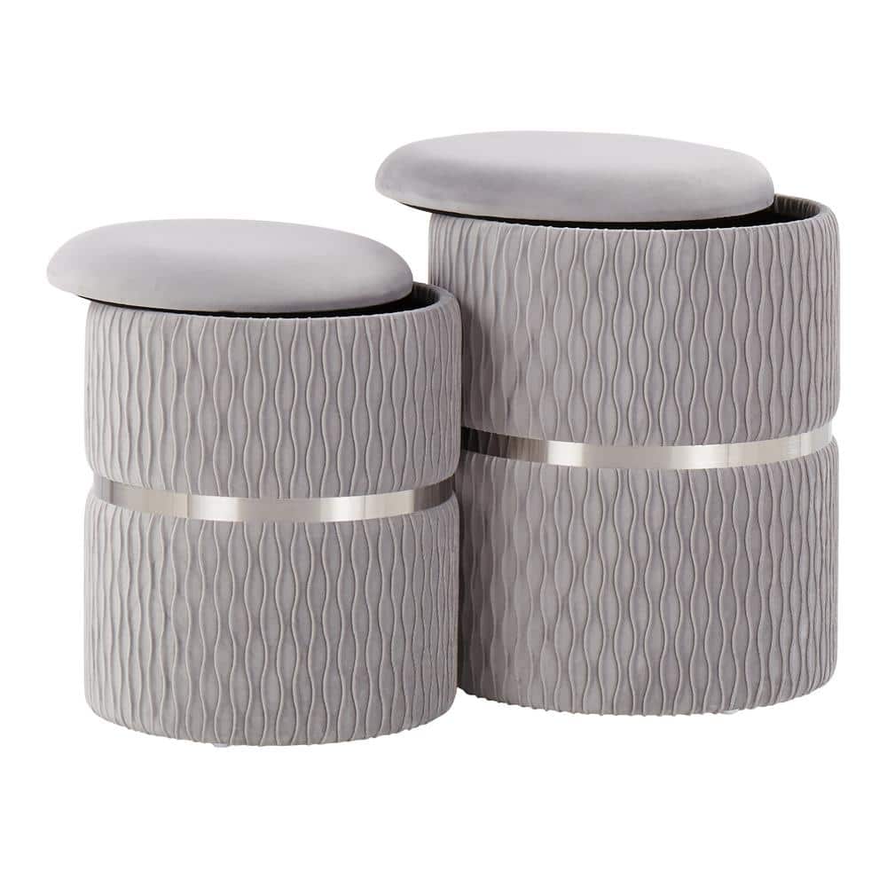 Silver Velvet and Chrome Round Nesting Ottoman Set