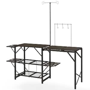 Black Metal Aluminum Folding Camp Kitchen Table with Adjustable Lantern Holder, Hanging Hooks and Carrying Bag