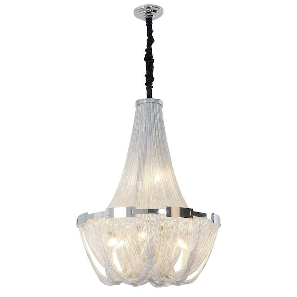 8-Light Silver Aluminum Chain Tassel Contemporary Chandelier for Dining Room Living Room, Dia 23.4 in.