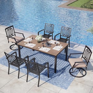 Black 7-Piece Metal Patio Outdoor Dining Set with Straight-Leg Rectangle Table and Swivel Chairs with Beige Cushions