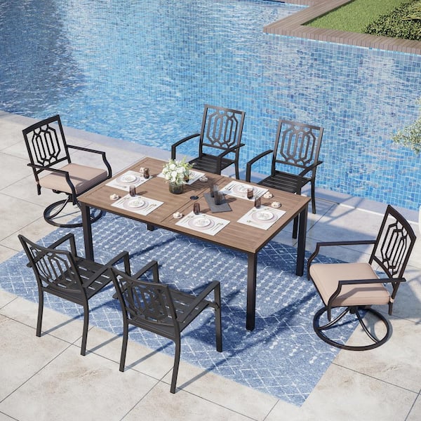 PHI VILLA Black 7-Piece Metal Patio Outdoor Dining Set with Straight-Leg Rectangle Table and Swivel Chairs with Beige Cushions