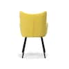 Yellow velvet dining chair on a white background.