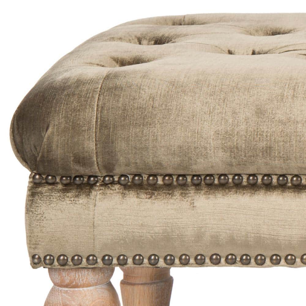 Transitional Tufted Antique Sage Bench with Brass Nail Heads and Oak Legs