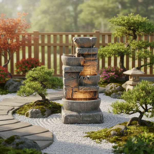 Outdoor Zen Garden 33 in. Stone-Texture Polyresin Cascading Waterfall Fountain with LED Lights