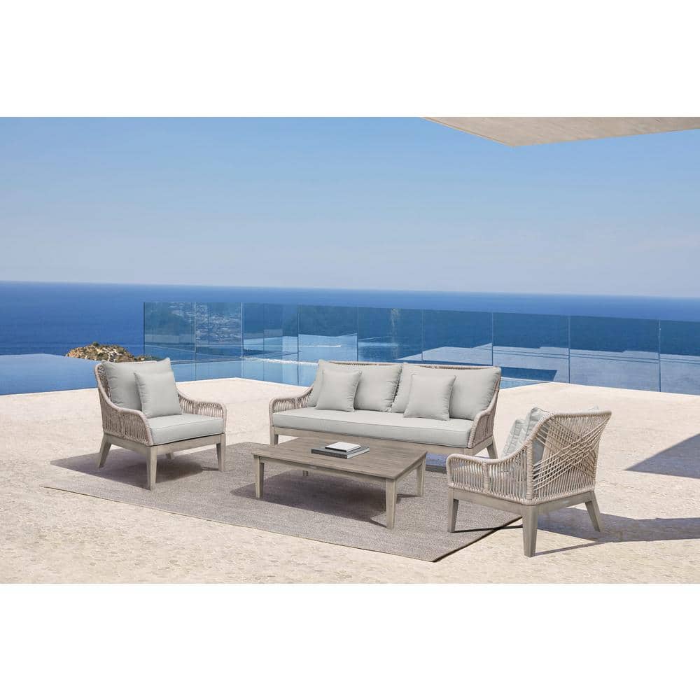 Hawaii Grey 4-Piece Acacia Wood Patio Conversation Set with Grey Cushions