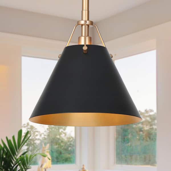 Uolfin Modern Farmhouse Dome Kitchen Island Pendant Lighting Taine 1-Light Black & Brass Bell Pendant Light with Metal Shade