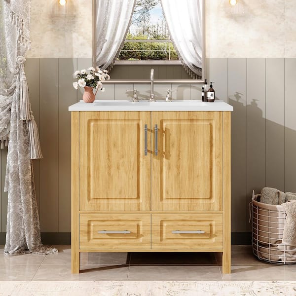 30 in. Natural Wood Single Sink Freestanding Bath Vanity with White Resin Top and Double Drawers Storage