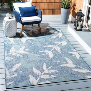 Courtyard Navy/Blue 7 ft. x 10 ft. Distressed Leaf Indoor/Outdoor Patio  Area Rug