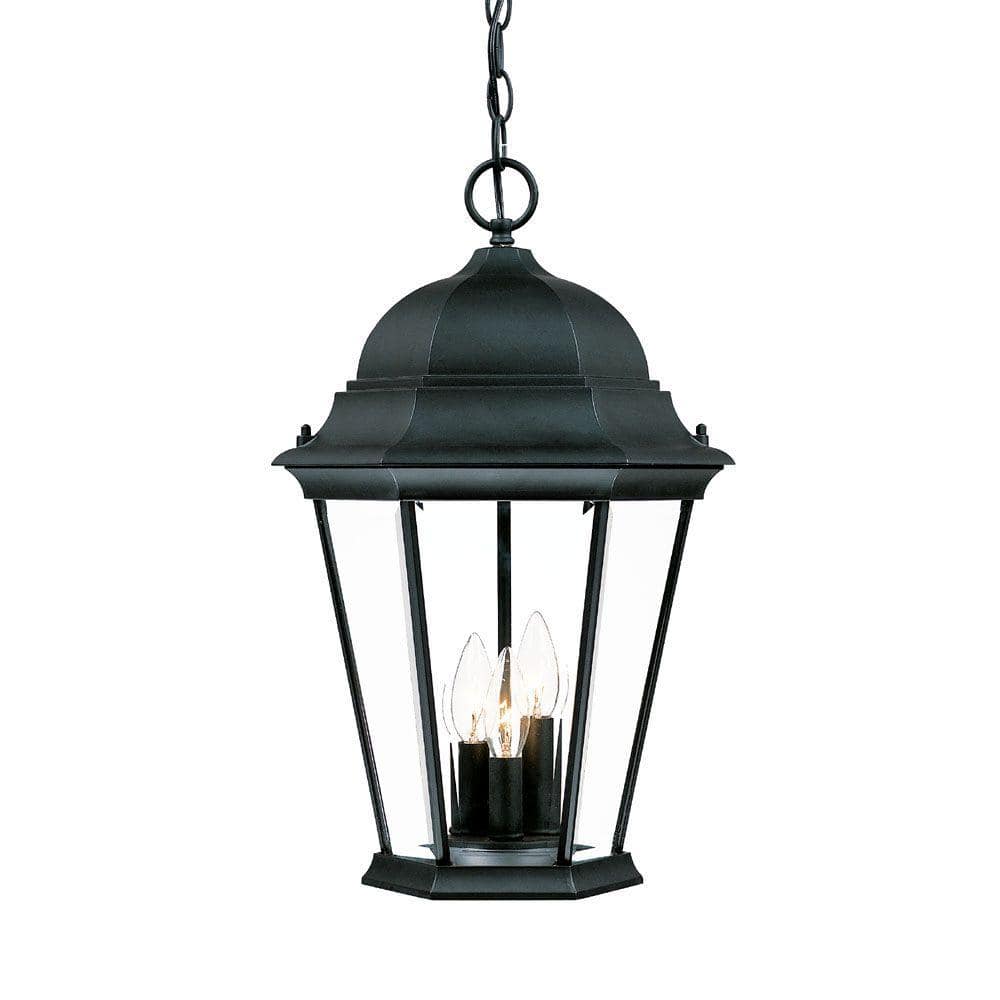 Matte Black 3-Light Outdoor Hanging Lantern with Clear Glass