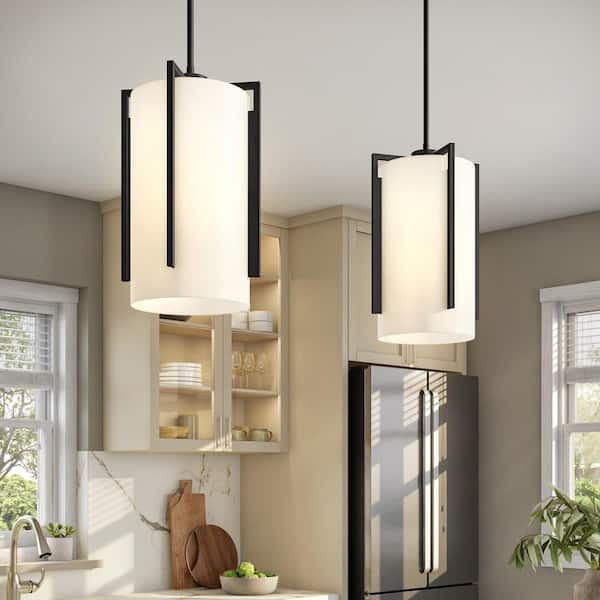 Cambria 60-Watt 1-Light Matte Black Modern Pendant Light with Etched Opal Glass Shade and No Bulbs Included