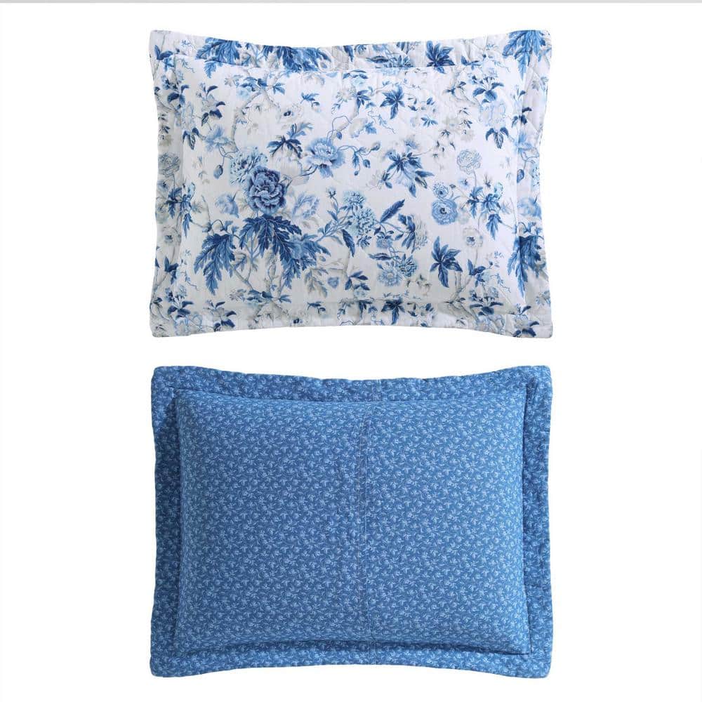 Full Blue Cotton Reversible Floral Quilt Set
