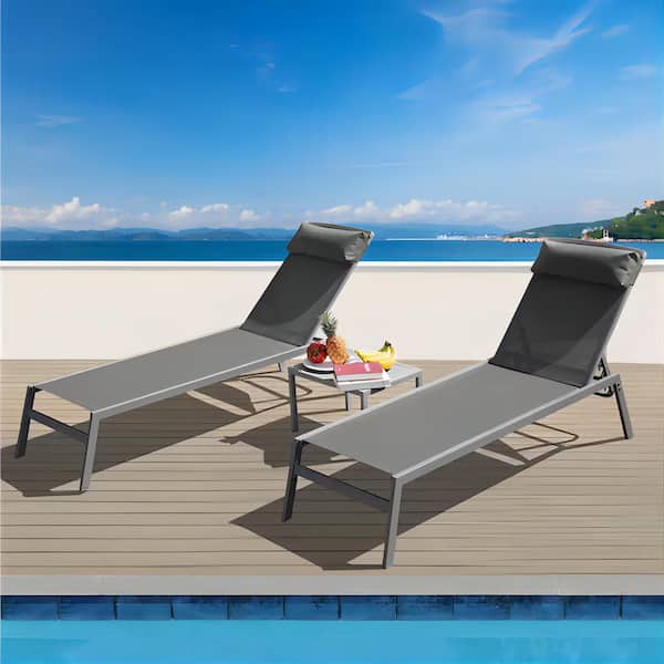 Unbranded 3-Pieces Aluminum Patio Chaise Lounge Chair Adjustable Outdoor Lounge Chairs Sunbathing Recliner with 1 Table in Gray.