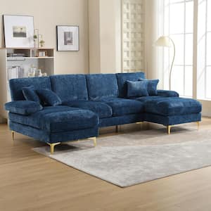 114 in W 4-piece U Shaped Chenille Modern Sectional Sofa with in. Navy Blue Double Chaises