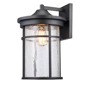 Avalon 17.75 in. 1-Light Black Outdoor Wall Light Fixture with Clear Crackled Glass