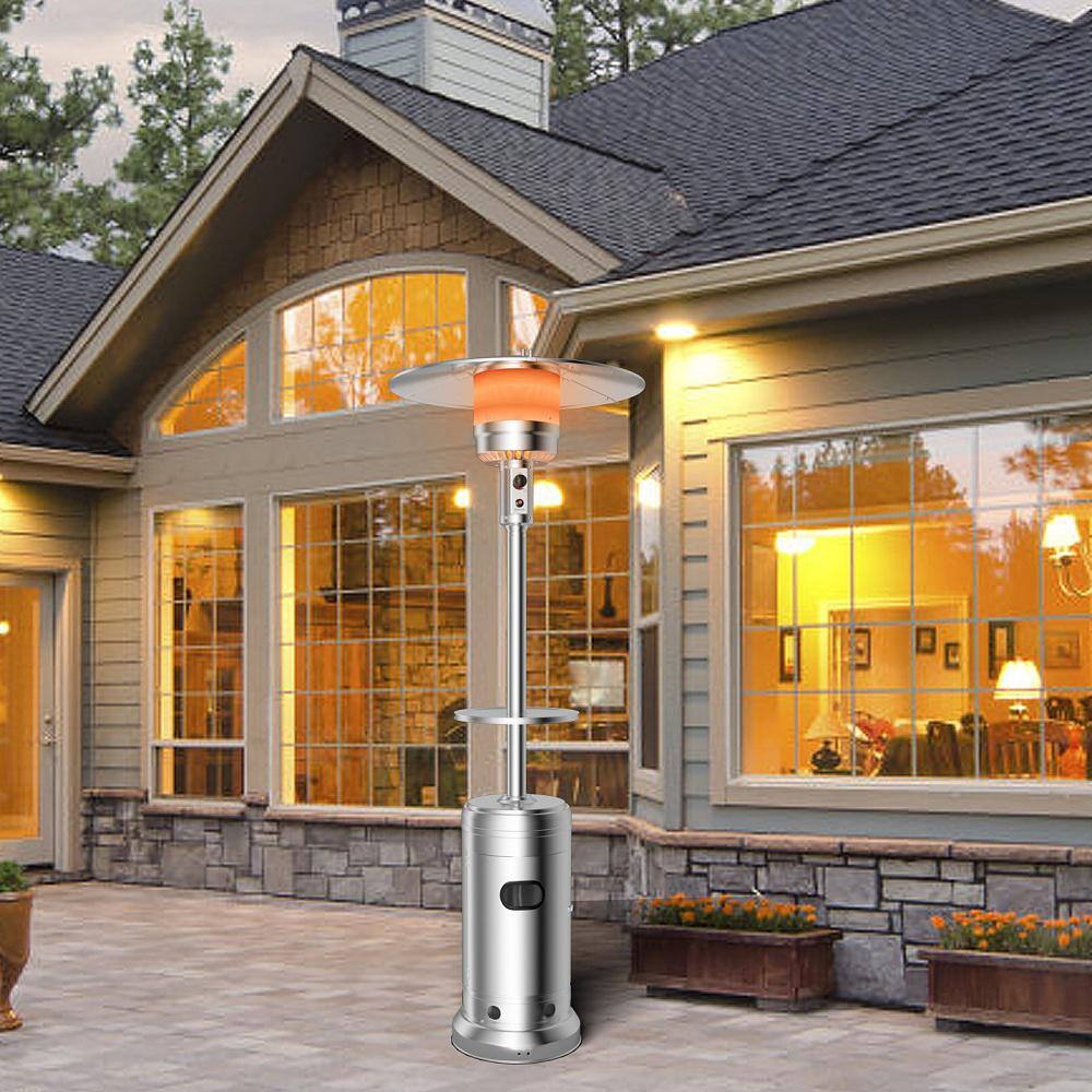 Silver Freestanding Propane Patio Heater with Rolling Wheels and Table