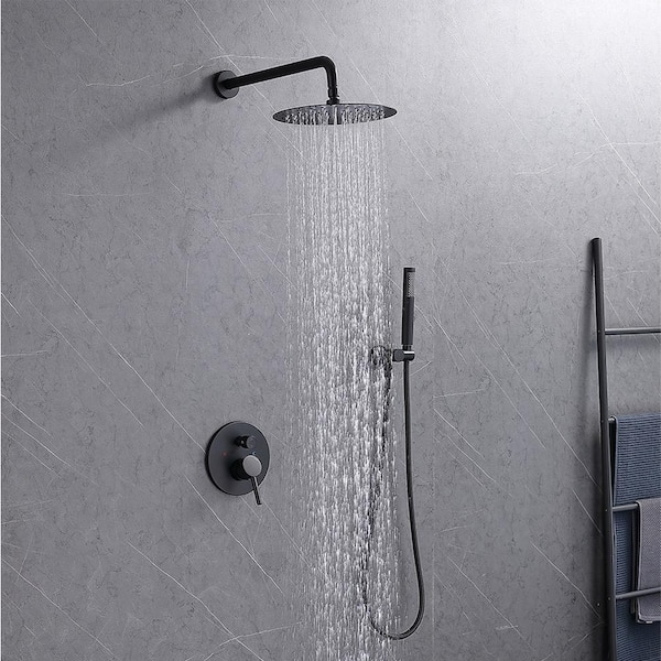1-Spray 10 in. Round Rainfall Shower Head and Handheld Shower Head in Matte Black