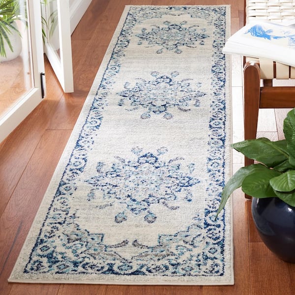 Tulum 2 ft. x 9 ft. Ivory/Blue Medallion Border Runner Rug