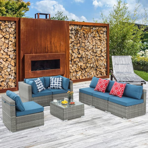 Wateday Outdoor Gray 7-Piece Wicker Patio Conversation Seating Set with Blue Cushions