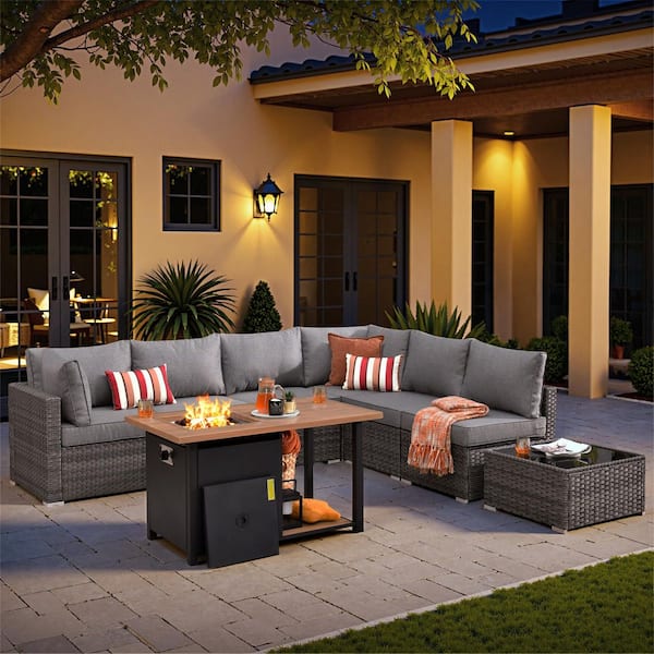 Elora Gray 8‑Piece Wicker Outdoor Sectional Set with Fire Pit Double-Tier, Dark Gary Cushion & Coffee Table