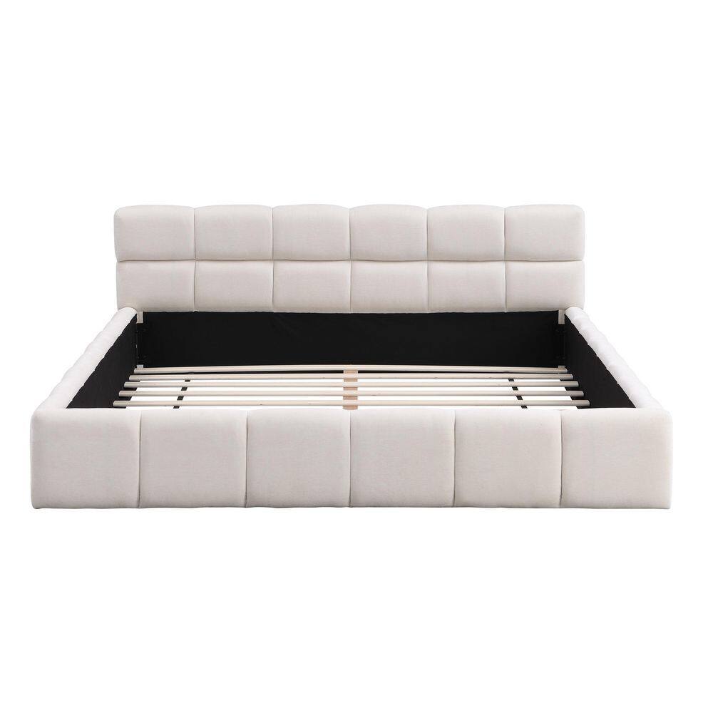 Beige Wood Frame King Size Chenille Upholstered Platform Bed Grounded Bed with Tufted Headboard - thumbnail 4