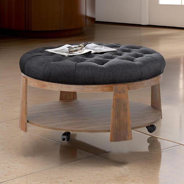 Benjara Gus 40.75 in. Brown and Gray Round Wood Coffee Table with Button Tufted Gray Fabric