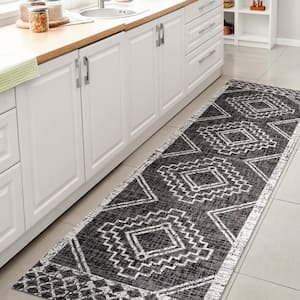 Marokko Black/Ivory 2 ft. x 8 ft. Diamond Tribal Medallion Indoor/Outdoor Area Rug