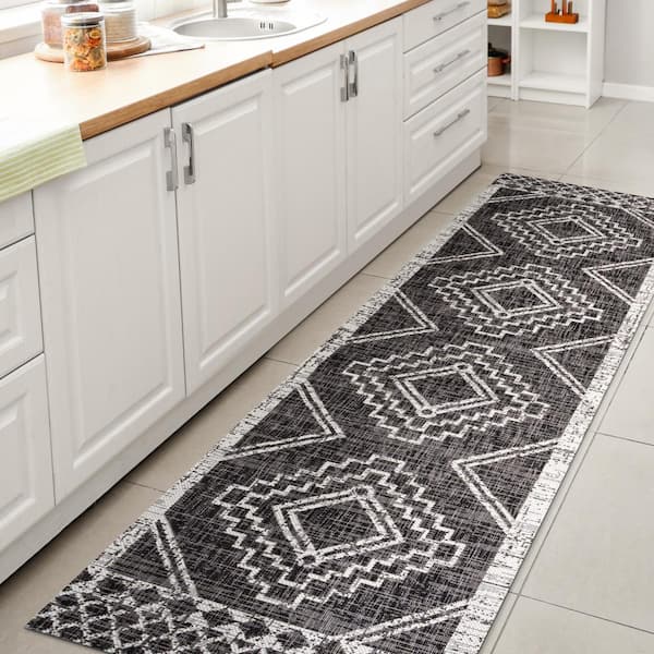 JONATHAN Y Marokko Black/Ivory 2 ft. x 8 ft. Diamond Tribal Medallion Indoor/Outdoor Area Rug