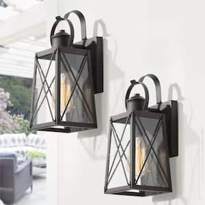 Craftsman 1-Light Matte Black Outdoor Wall Lantern Sconce with Seeded Glass Shade (2-Pack)