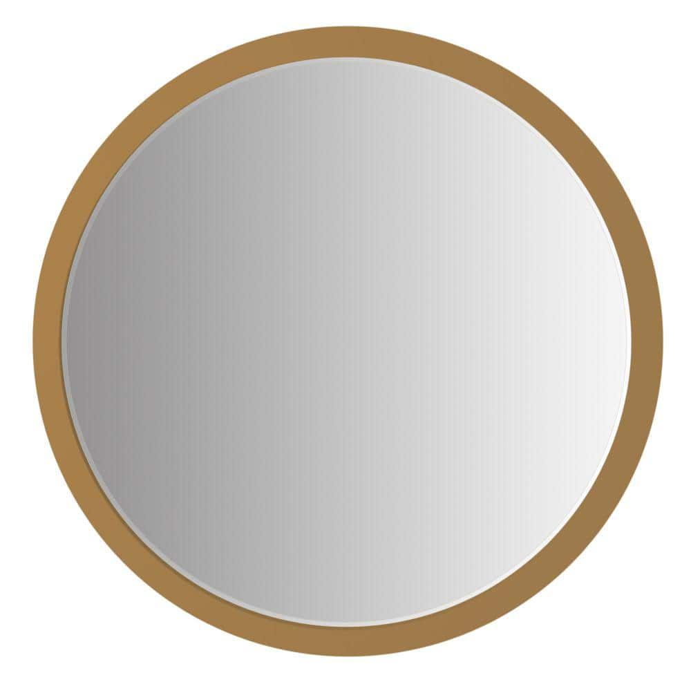 32 Inch Round Wooden Frame Floating Wall Beveled Mirror  Brown- Saltoro Sherpi