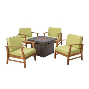 Havana Teak Brown 5-Piece Wood Patio Fire Pit Seating Set with Green Cushions